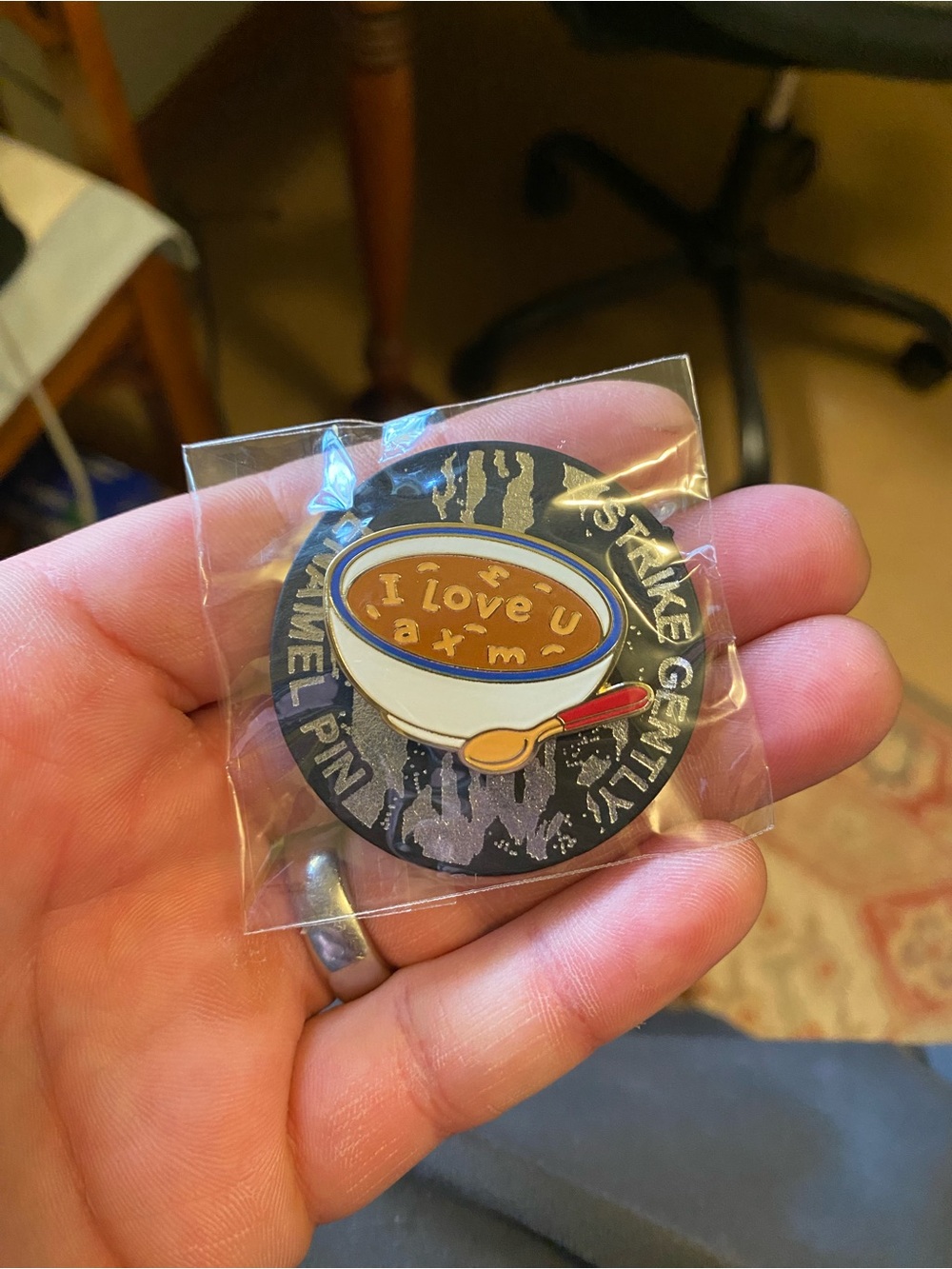 Brand New in Packaging Strike Gently “I Love You” Alphabet Soup Enamel Pin